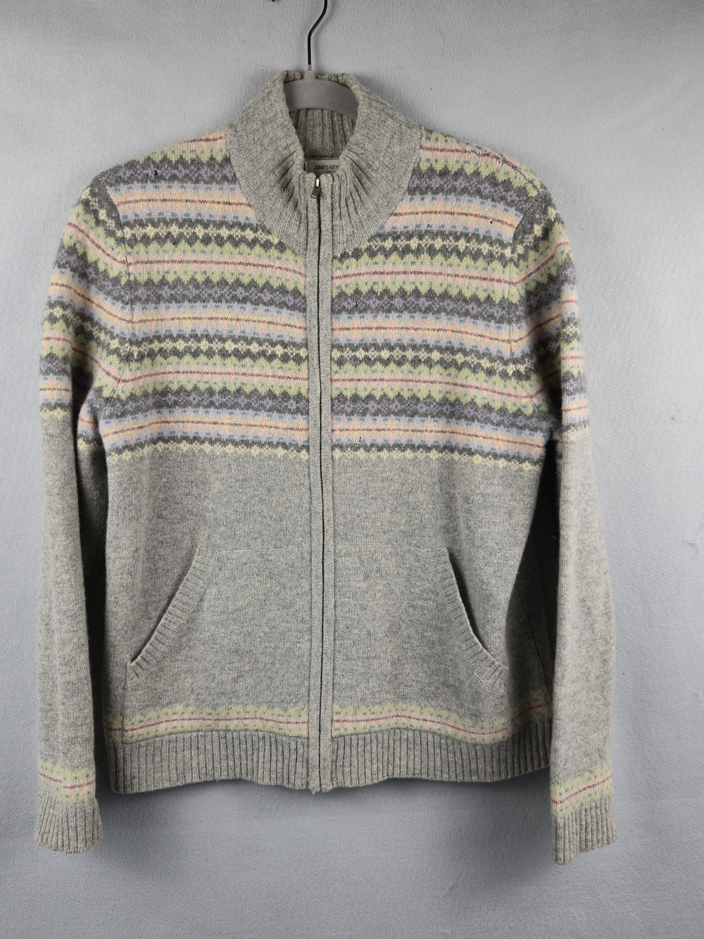 Jones New York Lambswool Fair Isle Zip Sweater Womens M